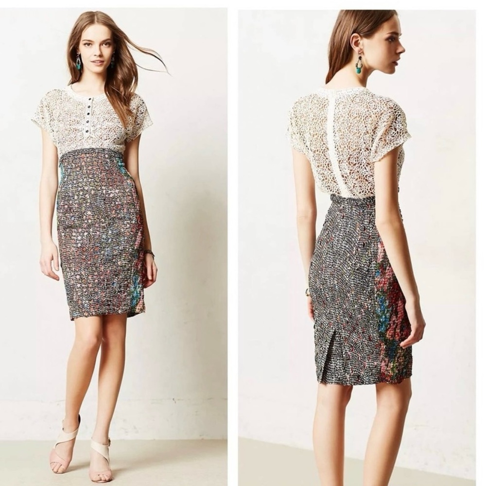 Byron Lars Beguile Lace Study Crochet Multicolor Knee Length Dress Size 8